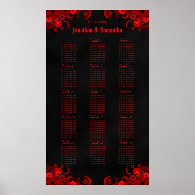 Schwarz-Rot-Blüte 15 Hochzeitstische Sitzkarte Poster (Vorne)
