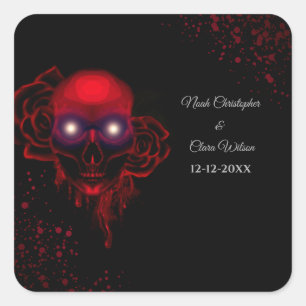 Schwarz-Rot-Blütenschwarz-moodisch-gotischer Schäd Quadratischer Aufkleber