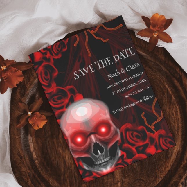 Schwarz-Rot-Blütenschwarz-moodisch-gotischer Schäd Save The Date (Von Creator hochgeladen)