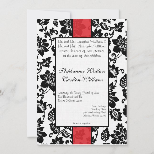 Schwarz/Rot-Flora-Damaskus-Hochzeitseinladung Einladung (Vorderseite)