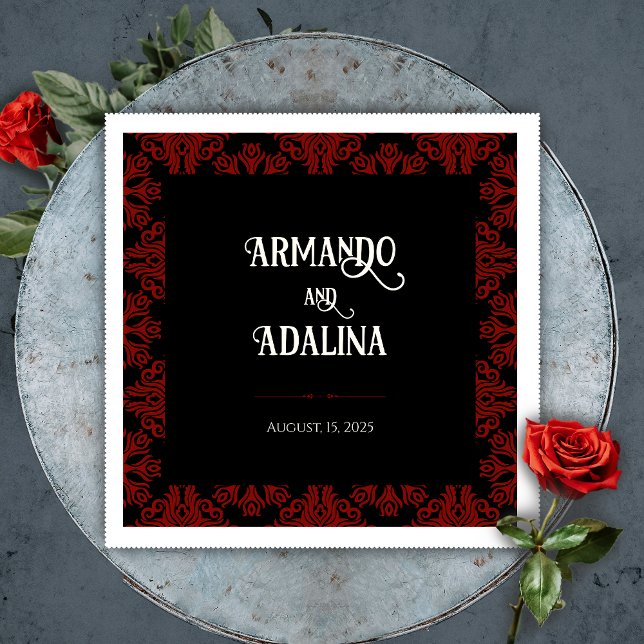 Schwarz-Rot-Flora-Gotik-Dunkle Hochzeit Willkommen Serviette (Black and Red Floral Gothic Dark Wedding Welcome Napkins)