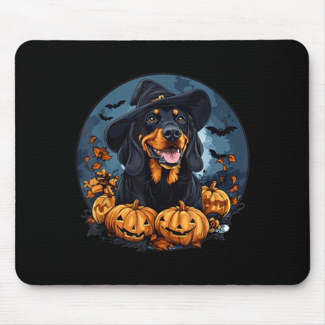 Schwarz-Rot gescheckter Coonhound Hund mit Hexenhu Mousepad (Vorne)
