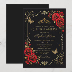 Schwarz Rot Gold Floral Schmetterling Quinceanera Einladung