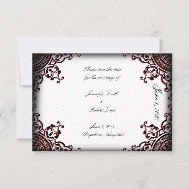 Schwarz-Rot-Gothic-Scroll-Hochzeit Sichern Sie das Save The Date (Vorderseite)