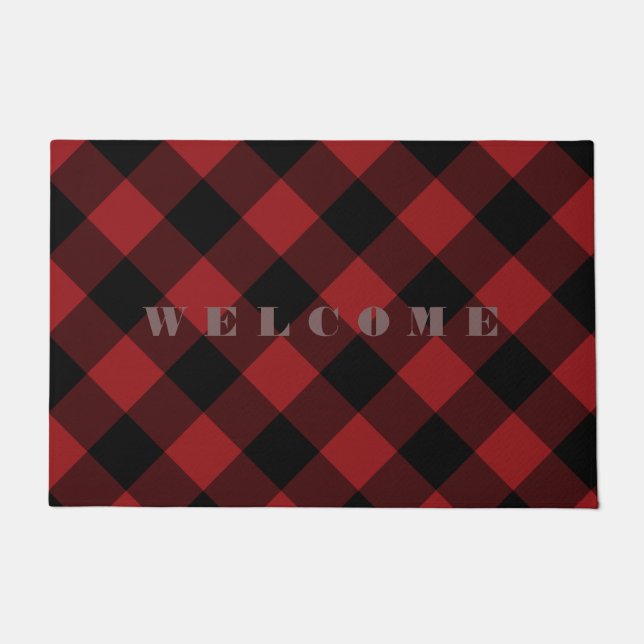 Schwarz-Rot-Karierter Karo Doormat - Willkommen Fußmatte (Vorderseite)