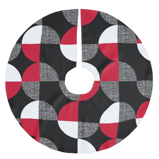 Schwarz, rot, kariertes geometrisches Muster. Polyester Weihnachtsbaumdecke (Vorderseite)