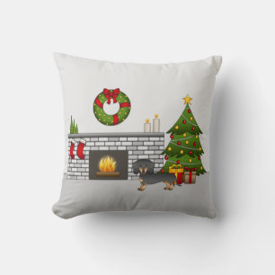 Schwarz-Rot-Kurzhaar-Dackel-Weihnachtszimmer Kissen