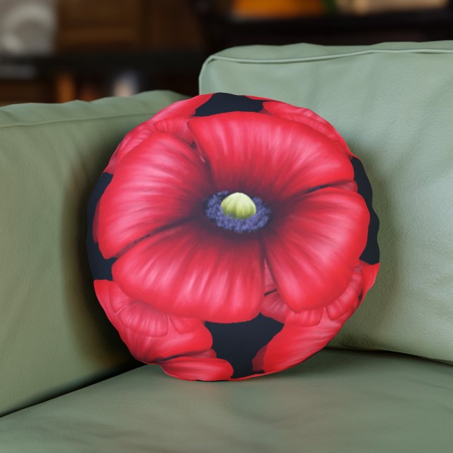 Schwarz-Rot-Mohnmuster Rundes Kissen (Pop a pretty poppy pillow on your sofa today!)