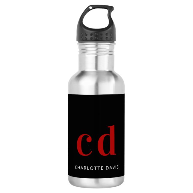 Schwarz-rot-Monogramm-Name modern minimalistisch Edelstahlflasche (Vorderseite)