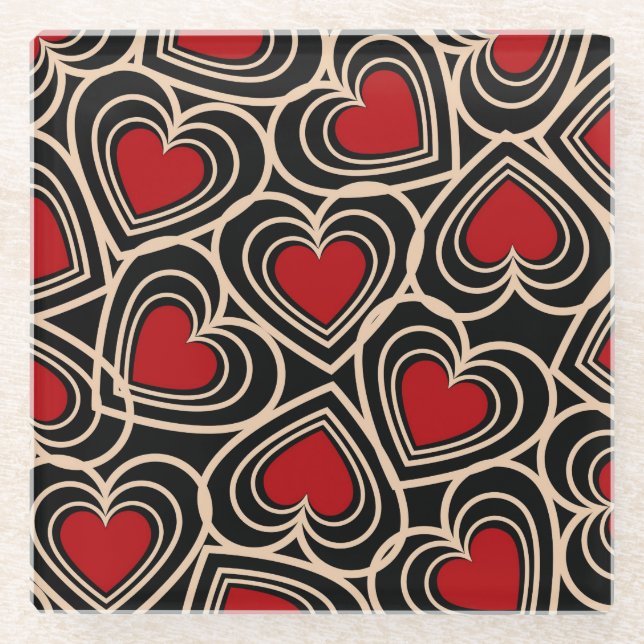 Schwarz/Rot Niedlich Einfaches Herzmuster Glasuntersetzer (Vorderseite)