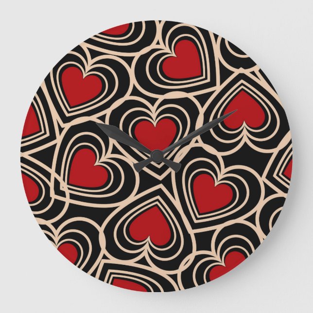 Schwarz/Rot Niedlich Einfaches Herzmuster Große Wanduhr (Vorderseite)