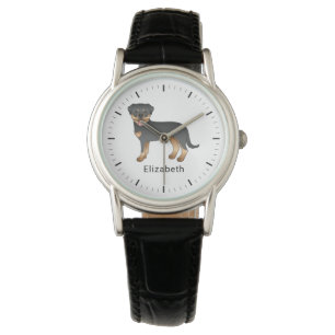 Schwarz-Rot-Rottweiler Süßer Cartoon-Hund und Name Armbanduhr