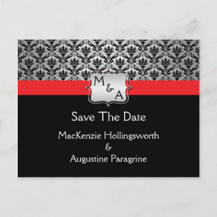 Schwarz-Rot-Silber-Monogramm-Damaske Save the Date Ankündigungspostkarte