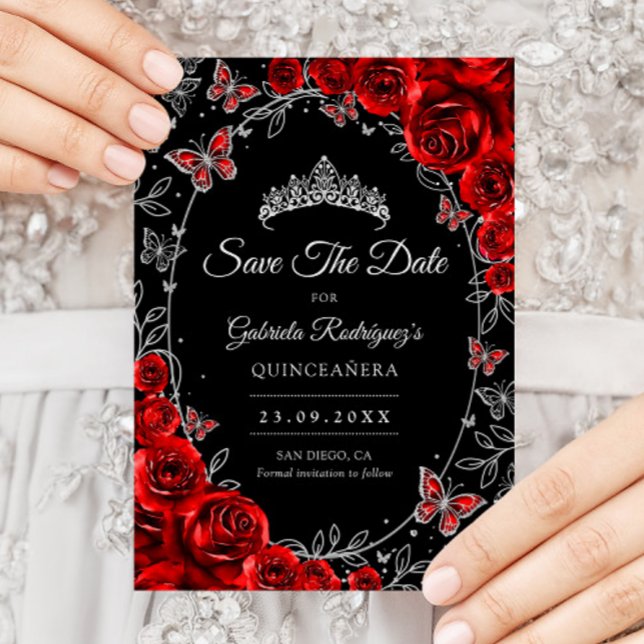 Schwarz Rot Silber Quinceanera Save The Date (Von Creator hochgeladen)