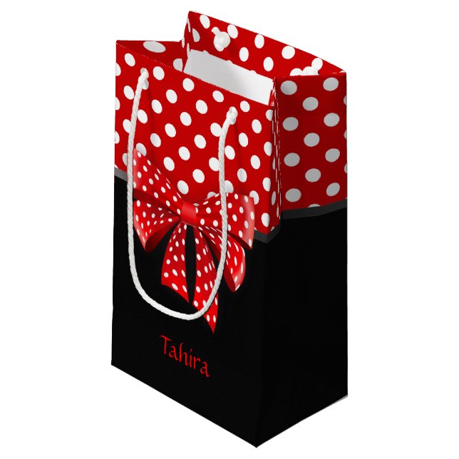 Schwarz, Rot und Weiß Polka Dots Ribbon Kleine Geschenktüte (Vorderseite Schrägansicht)