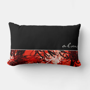 Schwarz-Rot-Weiß-Abstrakte Blume Monogramm Lendenkissen