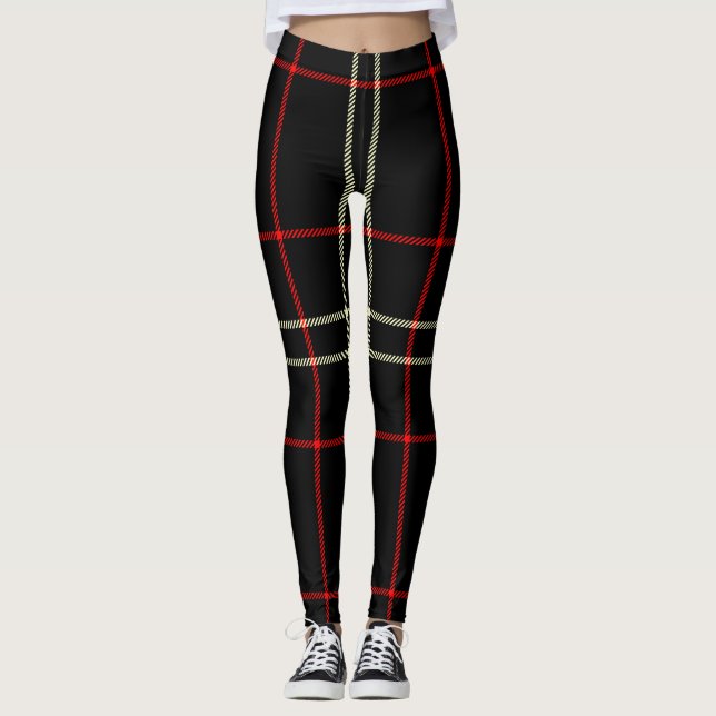Schwarz, Rot, Weiß Creme Twill Tartan; Kariert Leggings (Vorderseite)