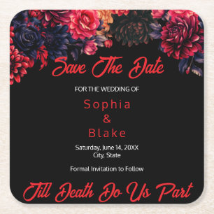 Schwarz-Rote gotische Blumen Dark Save the Date Rechteckiger Pappuntersetzer