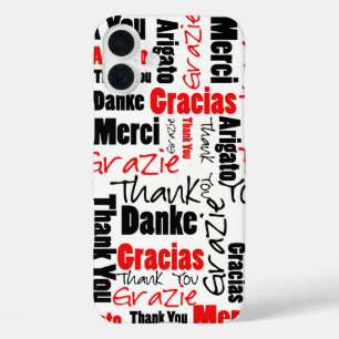 Schwarz-rote mehrsprachige Dankeschön-Typografie iPhone 16 Plus Hülle