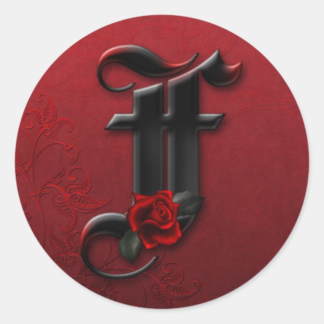 Schwarz-Rote Rose-Monogramm-F-Aufkleber Runder Aufkleber (Vorderseite)