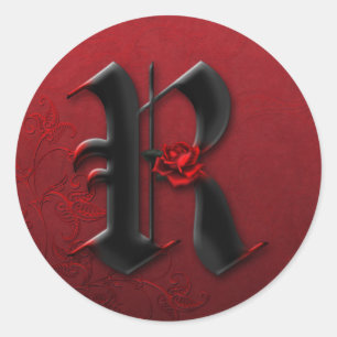 Schwarz-Rote Rose-Monogramm-R-Aufkleber Runder Aufkleber