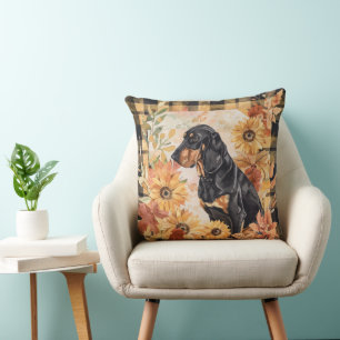 Schwarz-roter Coonhound-Hund Herbst-Aquarell-Blume Kissen