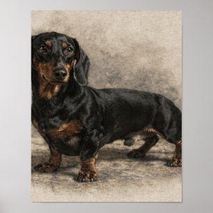 Schwarz-roter Dachshund-Porträt auf warmem Grau Poster