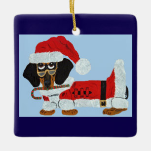 Schwarz-roter Dachshund Weihnachtsmann mit einem Z Keramikornament