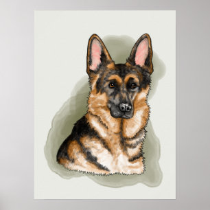 Schwarz-roter Deutsche-Schäferhund-Wasserfarben-Po Poster