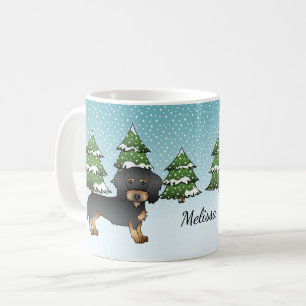 Schwarz-roter Drahthaar-Dachshund im Winterwald Kaffeetasse