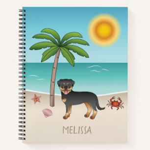 Schwarz-roter Rottweiler an einem tropischen Somme Notizbuch