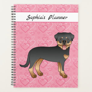 Schwarz-roter Rottweiler auf rosa Herzen und Text Planer