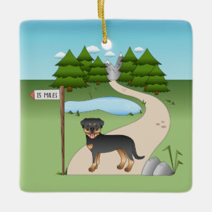 Schwarz-roter Rottweiler-Hund an einem Wanderweg Keramikornament