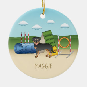 Schwarz-roter Rottweiler mit Agility-Ausrüstung Keramik Ornament