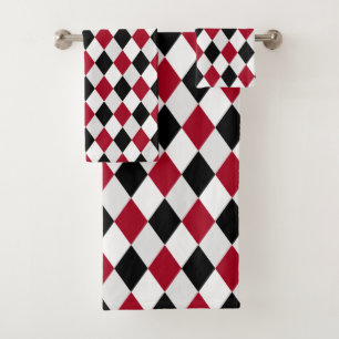 Schwarz-rotes Harlekin-Diamantmuster-Bad  Badhandtuch Set