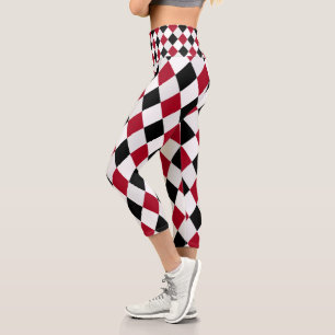 Schwarz-rotes Harlekin-Diamantmuster Capri Leggings
