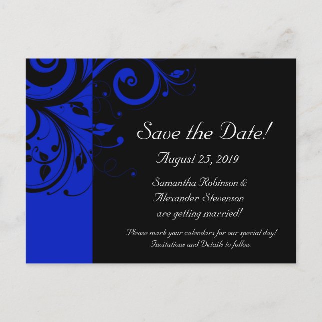 Schwarz/Royal Blue Reverse Swirl Save the Date Ankündigungspostkarte (Vorderseite)