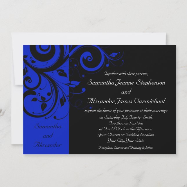 Schwarz/Royal Blue Reverse Swirt Wedding Einladung (Vorderseite)