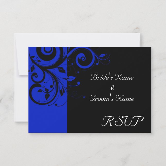 Schwarz/Royal Blue Reverse Swirt Wedding RSVP Karte (Vorderseite)