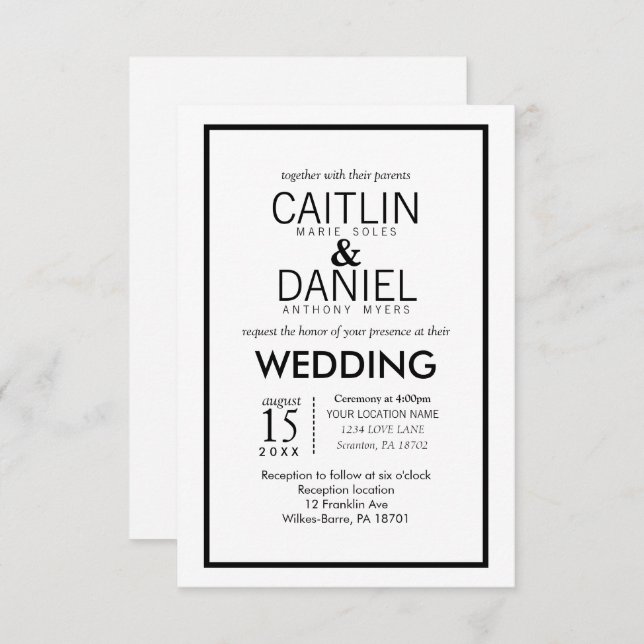 Schwarz-Schwarz-Einfache Grenzhochzeit Einladung (Vorne/Hinten)