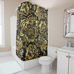 Schwarz & Shiny Gold Floral Damaskus Muster Duschvorhang
