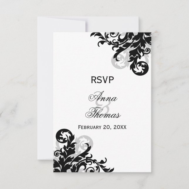Schwarz-Silber-Blüh-RSVP-Karten für Hochzeiten RSVP Karte (Vorderseite)