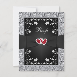 Schwarz-Silber-Blütenrotes Herz-IMITAT RSVP-Karte RSVP Karte