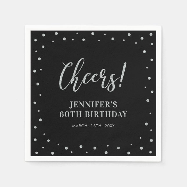 Schwarz & Silber | Confetti Adult Birthday Party Serviette (Vorderseite)