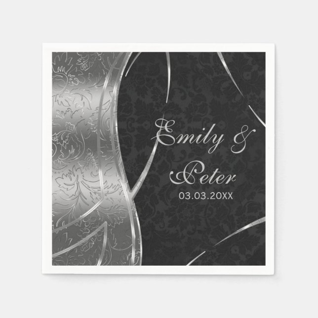 Schwarz-Silber-Damaske Save the Date Serviette (Vorderseite)