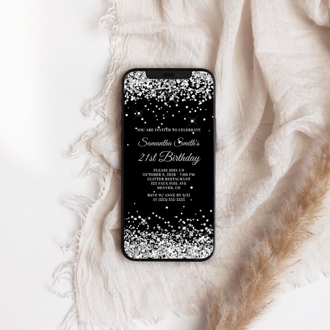 Schwarz-Silber-Glitzer 21. Geburtstag Einladung (Black and Silver Glitter 21st Birthday Invitation)