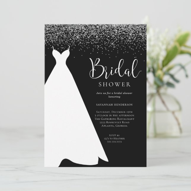 Schwarz-Silber-Glitzer Bridal-Dusche Einladung (Stehend Vorderseite)