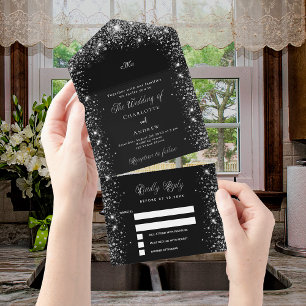 Schwarz-Silber-Glitzer-Hochzeit All In One Einladung