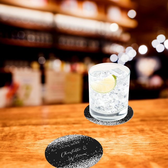 Schwarz-Silber-Glitzer-Hochzeit Runder Pappuntersetzer (Von Creator hochgeladen)