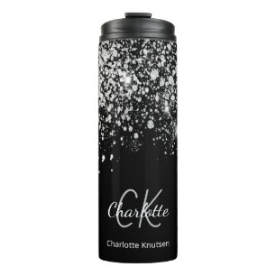 Schwarz-Silber-Glitzer-Monogramm-Name-Funkeln Thermosbecher